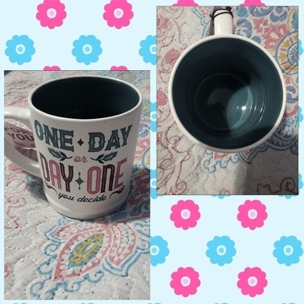 Mug Sheffield "One Day or Day One~ Green Pink Wine Colors